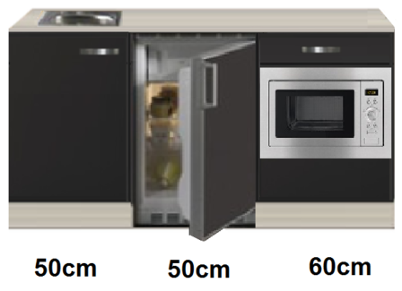 Keukenblok 160 Antraciet incl wandkasten rvs spoelbak en koelkast en magnetron RAI-415