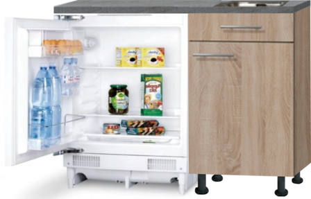Keukenblok 110cm Houtnerf met inbouw koelkast en rvs spoelbak RAI-435