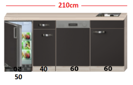 Kitchenette Faro Antraciet met koelkast en vaatwasser 210cm HRG-5384