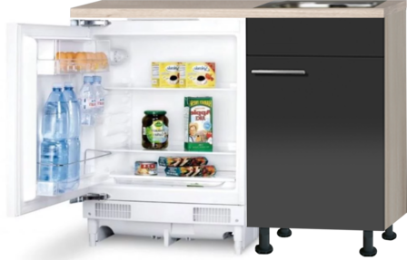 Keukenblok 110cm Antraciet glans met stelpoten, inbouw koelkast en rvs spoelbak RAI-955
