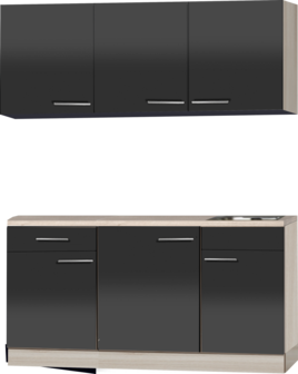 keukenblok 150cm antraciet glans met wandskasten incl inbouw koelkast RAI-3901