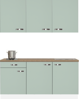 kitchenette 180 cm groen met stelpoten en inbouw koelkast met of zonder wandkasten RAI-409