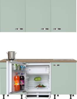 kitchenette 180 cm groen met stelpoten en inbouw koelkast met of zonder wandkasten RAI-409
