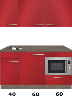 kitchenette 160cm rood incl inbouw koelkast en inbouw combi magnetron RAI-4444