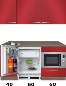 kitchenette 160cm rood incl inbouw koelkast en inbouw combi magnetron RAI-4444