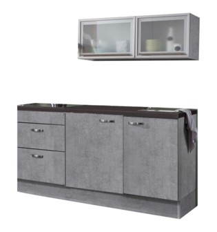 keukenblok 180cm betonlook met koelkast en glazen wandkast 120cm RAI-885
