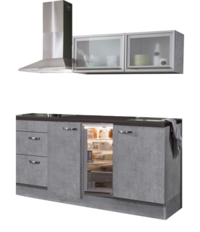keukenblok 180cm betonlook met koelkast, afzuigkap en glazen wandkast 120cm RAI-886