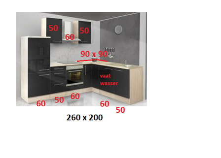 L-keuken zwart Hoogglans  260x200cm CHI-9179