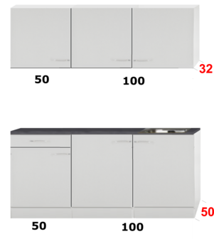 Kleine keuken 150cm x 50cm diep met een la en rvs spoelbak en wandkasten RAI-9916