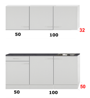 Keukenblok 150cm breed x 50cm diep wit met rvs spoelbak RAI-0010