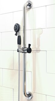 VITAL Doucheset voor senioren, chroom  antikalk nozzles  3 functies en waterstop functie  douchekop: &Oslash; ca. 8,5 cm  met anti-slip handgreep en extra groot omschakelknop  veiligheidsstang van metaa