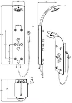 LANZAROTE glas-douchepaneel met thermostatische mengkraan, zwart  hoofddouche met antikalk nozzles, &Oslash; ca. 20 cm   handdouche met wandhouder, 5 functies, maat: &Oslash; ca. 10 cm   paneel met 8 mm veilighe