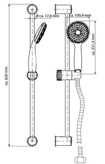 RIMINI doucheset, stang 60 cm, chroom  antikalk nozzles  douchekop: &Oslash; ca. 10 cm  stang van metaal, ca. 62 cm  flexibele doucheslang van metaal, lengte: ca. 150 cm  inclusief waterbesparende pakki