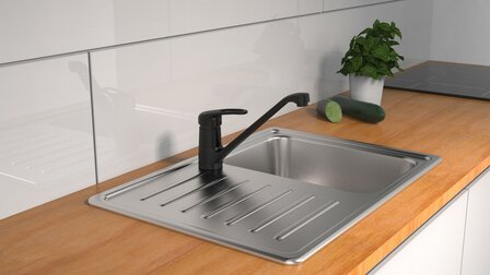 GRANDE &eacute;&eacute;ngreepsmengkraan keuken, zwart-mat  kraan met verlengde uitloop en draaibereik 360&deg;   keramische schijven  geluidsarme, verwisselbare 40 mm-cartouche  flexibele metalen aansluitslangen vo