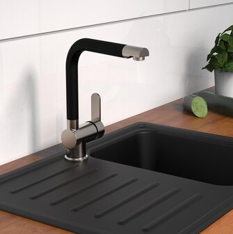 RIO &eacute;&eacute;ngreepsmengkraan keuken met hoge uitloop, RVS look /mat zwart  elegante kraan met hoge uitloop en draaibereik 360&deg;  cold-start functie - koud water bij greep in de middelste stand  keramische