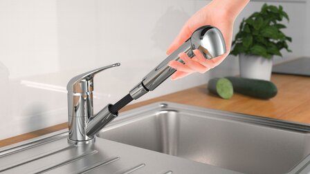 SUPRA &eacute;&eacute;ngreepsmengkraan keuken met uittrekbare sproeier, chroom  uittrekbare, omstelbare sproeier, 2 functies en met antikalk nozzles  90&deg; draaibereik  keramische schijven  geluidsarme, verwissel