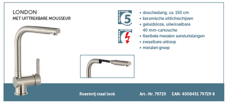 Lage druk keukenkraan LONDON &eacute;&eacute;ngreepsmengkraan keuken, met uittrekbare sproeier, RVS-look HRG-336