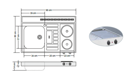 RVS aanrechtblad opleg 90cm x 60cm met 2-pit Keramische kookplaat RAI-285