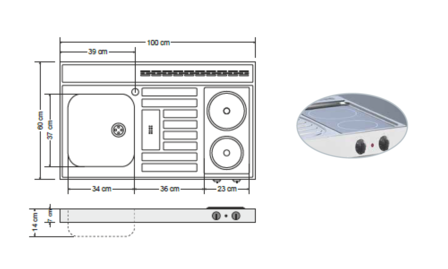 RVS aanrechtblad opleg 100cm x 60cm met 2-pit Keramische kookplaat RAI-2551