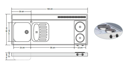 RVS aanrechtblad opleg 150cm x 60cm met 2-pit Elektrische kookplaat RAI-2590