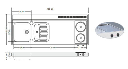 RVS aanrechtblad opleg 150cm x 60cm met 2-pit Keramische kookplaat RAI-253
