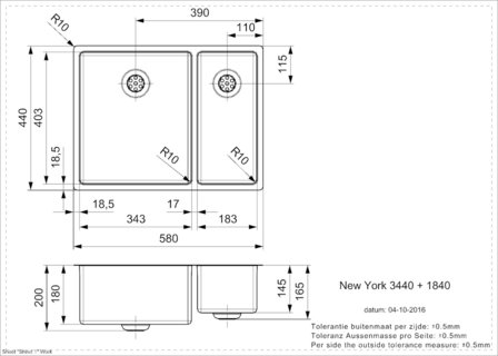 Spoelbak vierhoekig NEW YORK 34X40+18X40 (L) INTEGRATED RAI-9432 