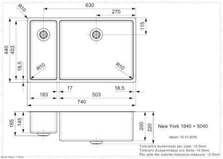 Spoelbak vierhoekig NEW YORK 18X40+50X40 (L) INTEGRATED RAI-23443 