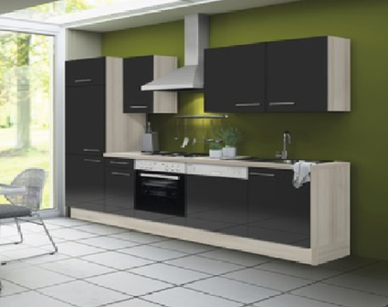 Keuken 280 cm antraciet hoogglans incl vaatwasser, keramisch kookplaat met oven en koelkast RAI-51100