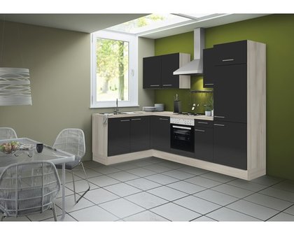 Hoek keuken Antraciet hoogglans 220 x 160 cm incl. koelkast, oven, e-kookplaat en afzuigkap RAI-41002