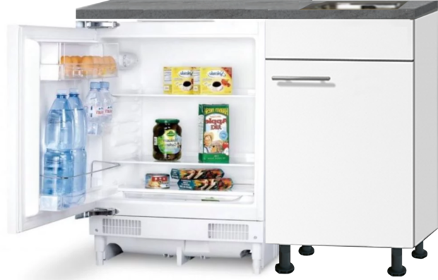 Keukenblok 110cm Wit mat met inbouw koelkast en rvs spoelbak RAI-43012
