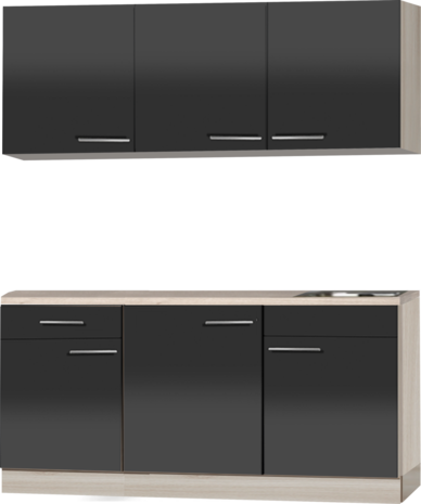 keukenblok 180cm antraciet glans met wandskasten incl inbouw koelkast RAI-39012