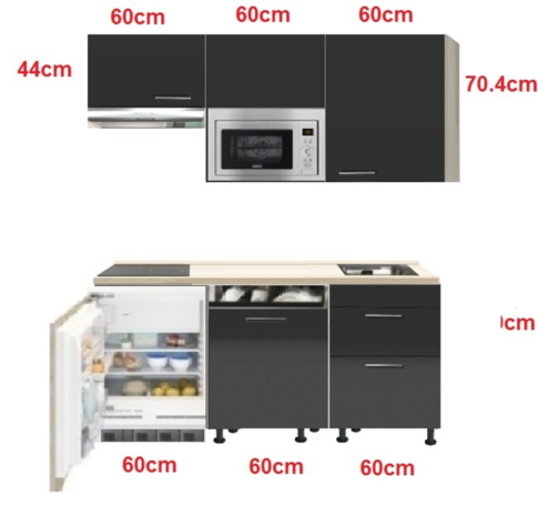 kitchenette Antraciet Hoogglans 180cm met vaatwasser, koelkast, e-kookplaat, afzuigkap en magnetron RAI-0341