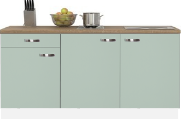 kitchenette 180 cm groen met stelpoten en inbouw koelkast met of zonder wandkasten RAI-409