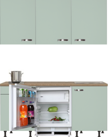 kitchenette 180 cm groen met stelpoten en inbouw koelkast met of zonder wandkasten RAI-409