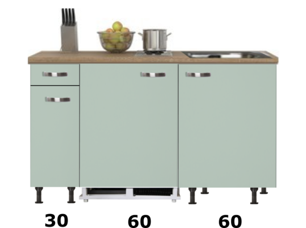 kitchenette 150cm groen met stelpoten en inbouw koelkast RAI-770