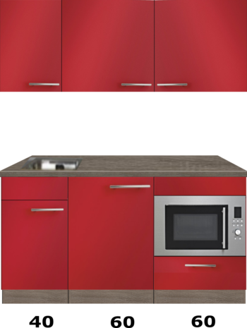 kitchenette 160cm rood incl inbouw koelkast en inbouw combi magnetron RAI-4444