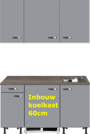 Kitchenette 160cm grijs met inbouw koelkast en wandkasten RAI-885