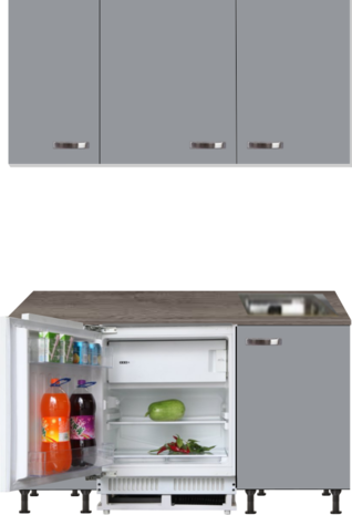 Kitchenette 160cm grijs met inbouw koelkast en wandkasten RAI-885