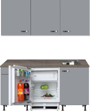 Kitchenette 180cm grijs met inbouw koelkast en wandkasten RAI-886