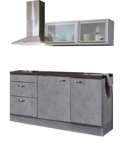 keukenblok 180cm betonlook met koelkast, afzuigkap en glazen wandkast 120cm RAI-886