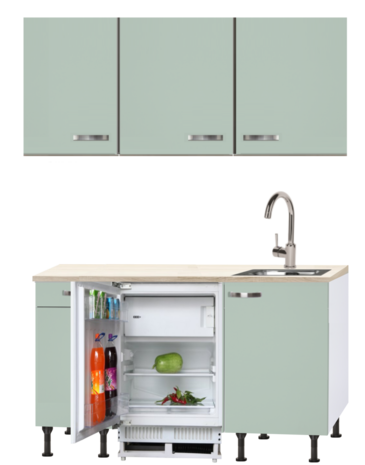 Keukenblok 140 Groen met kookplaat, inbouw koelkast en wandkasten RAI-925