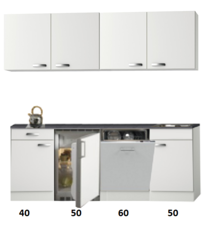 Kitchenette 200cm wit hoogglans met vaatwasser en koelkast en kookplaat RAI-447