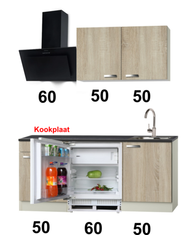 kleine keukenblok 160cm houtnerf incl inbouw koelkast RAI-4919