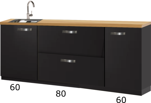 Kitchenette zwart 200cm met spoelbak RAI-4434