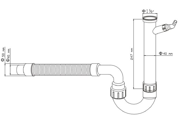 Buissifon voor wastafel, kunststof, wit  kunststof  1 ½" (Ø approx. 1,9 cm) aansluiting  met aansluiting voor wasmachine  flexibele afvoer  Ø ca. 4 / 5 cm   garantie: 3 jaar