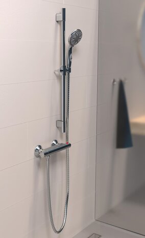 AQUA 2 SAVE doucheset met thermostatische mengkraan, chroom  antikalk nozzles  5 functies met knop voor watestop functie  douchekop: Ø ca. 10 cm  douchestang van metaal, lengte: ca. 56 cm  flexib