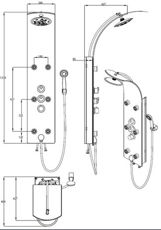 LANZAROTE glas-douchepaneel met thermostatische mengkraan, zwart  hoofddouche met antikalk nozzles, Ø ca. 20 cm   handdouche met wandhouder, 5 functies, maat: Ø ca. 10 cm   paneel met 8 mm veilighe