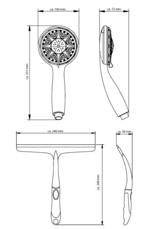 Handdoucheset met douchewisser, chroom  antikalk nozzles  4 functies  douchekop: Ø ca. 10 cm  flexibele metalen doucheslang, lengte: ca. 150 cm  inclusief douchewisser, breedte 22 cm  inclusief 