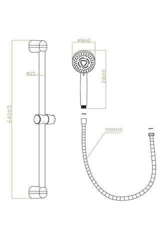 BARI doucheset, 3 functies, stang 60cm, chroom  antikalk nozzles  3 selecteerbare jets  douchekop: Ø ca. 10 cm  stang van metaal, lengte: ca. 66 cm  flexibele doucheslang van metaal, ca. 150 cm 