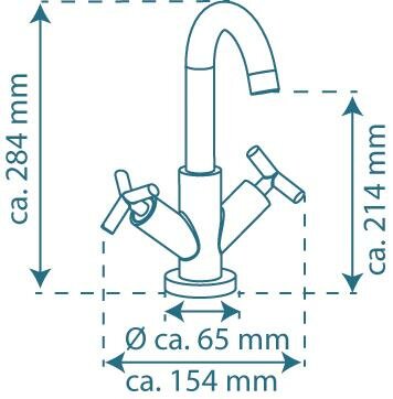 ELIOT tweegreepskraan wastafel, chroom  draaibare uitloop  keramische ½ ventiel bovenstukken   flexibele metalen aansluitslangen volgens DVGW/KTW-A  1 ¼ messing-afvoerplug en waste stangen  mou